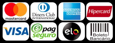 Formas de pagamento aceitas: Mastercard, Visa, American Express, Diners Club, Hipercard, Elo, PagSeguro, Boleto Bancário